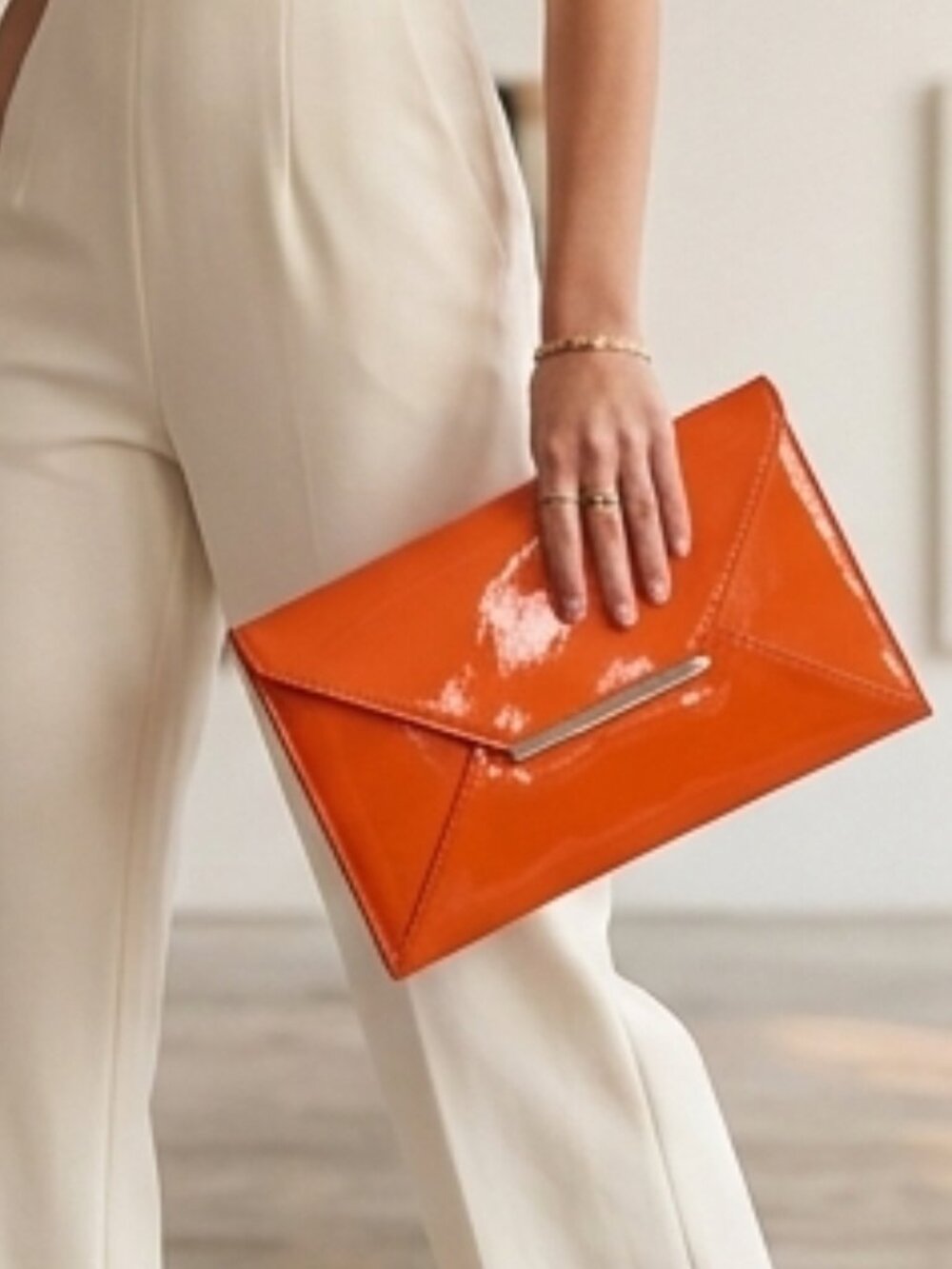 JNB Orange Faux Patent Leather Envelope Candy Clutch Bag High Gloss Modern